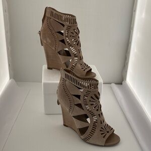 Sergio Rossi Taupe Suede Laser-Cut Wedge Sandals